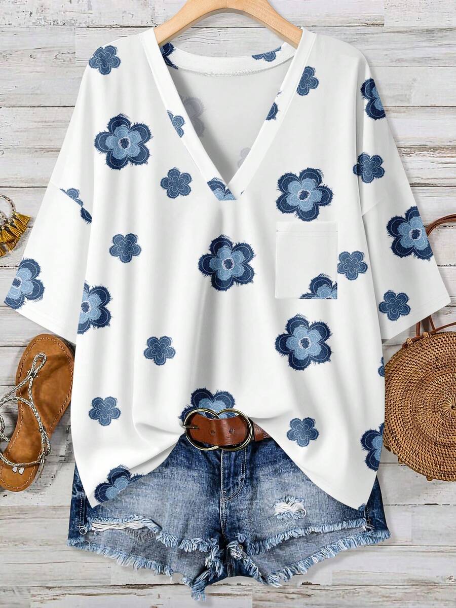 Embroidery Tshirt - Floral Print Plus Size V-Neck Long
