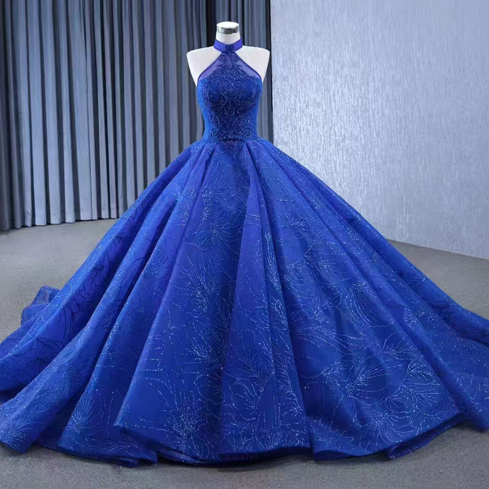 Embroidery Organza - Blue Halter Sleeveless Evening Dress 2026