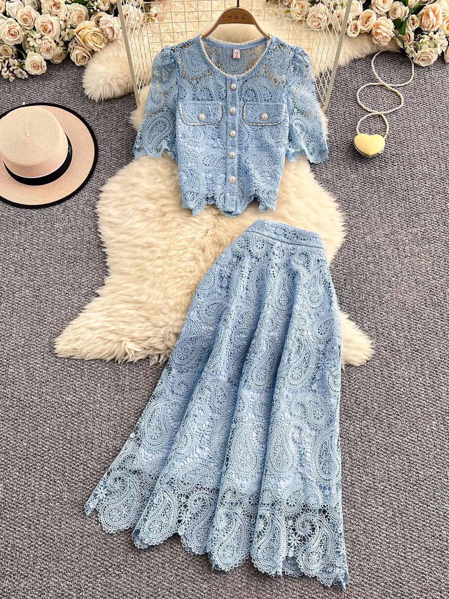 Embroidery Blouse - Elegant Pearl Long Dress Suits Women