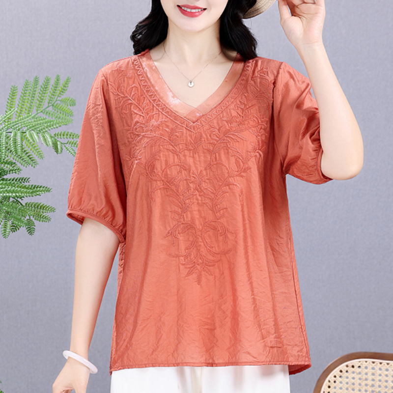 Embroidery Tshirt - Summer Elastic Tee Shirt Solid Cotton