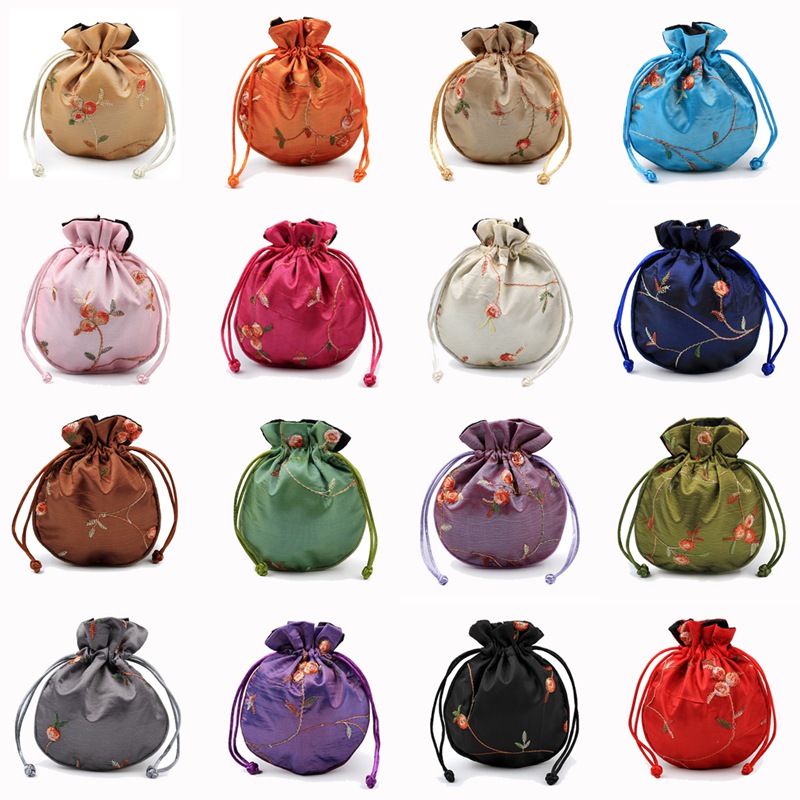 Embroidery Xmas - Silk Brocade Satin Drawstring Pouches bag