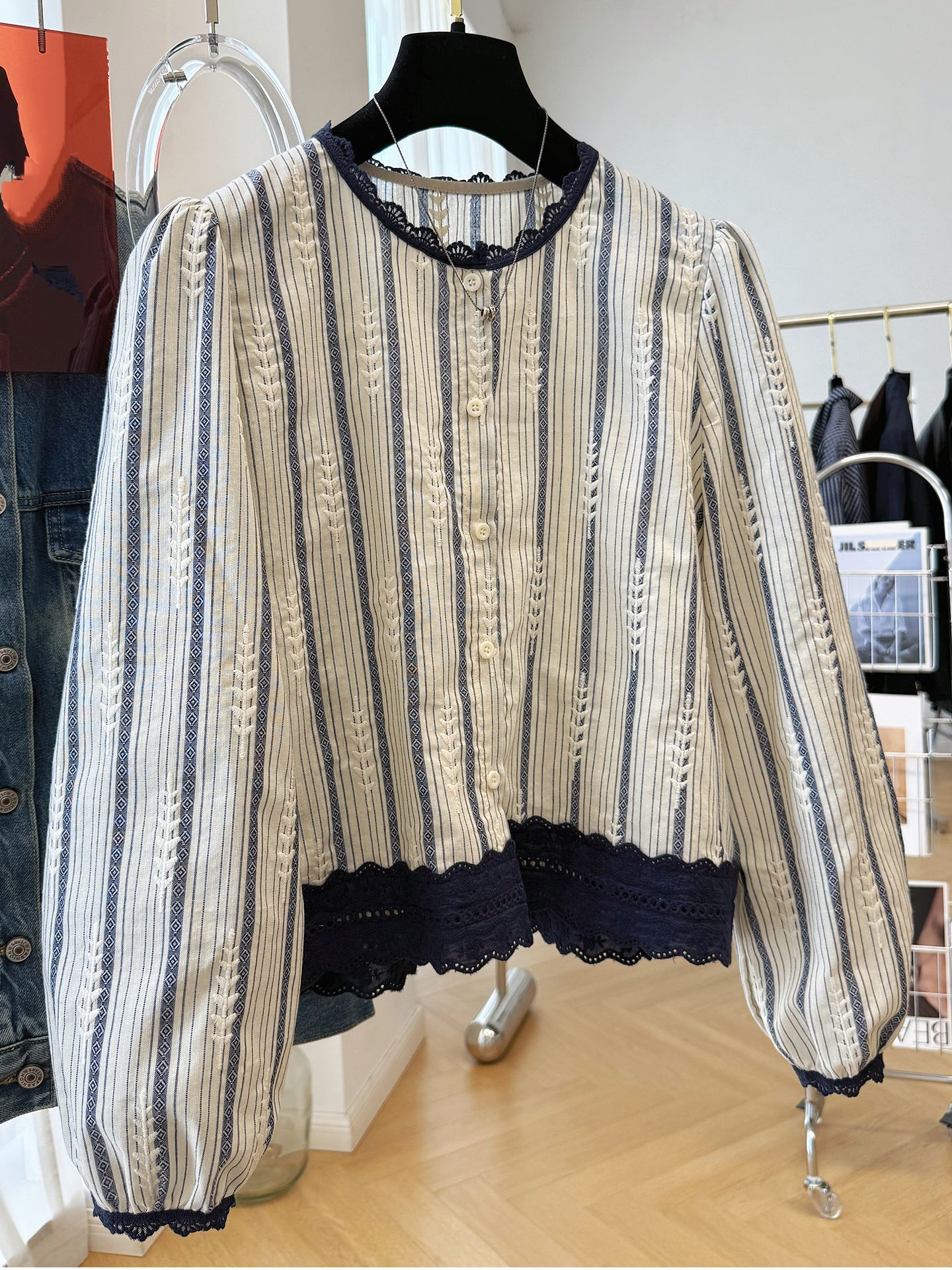 Embroidery Blouse - Women's Striped Lace Trim Blouse, Elegant
