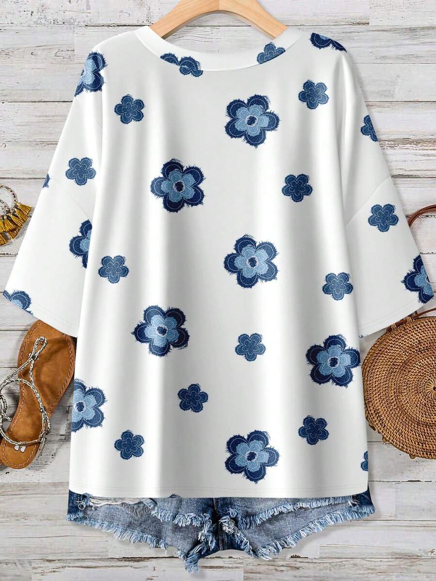 Floral Print Plus Size V-Neck  – Embroidery Tshirt Bewertung und Preis