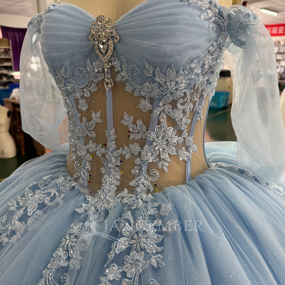 Blue Princess Ball Gown Quince – Embroidery Organza Bewertung und Preis
