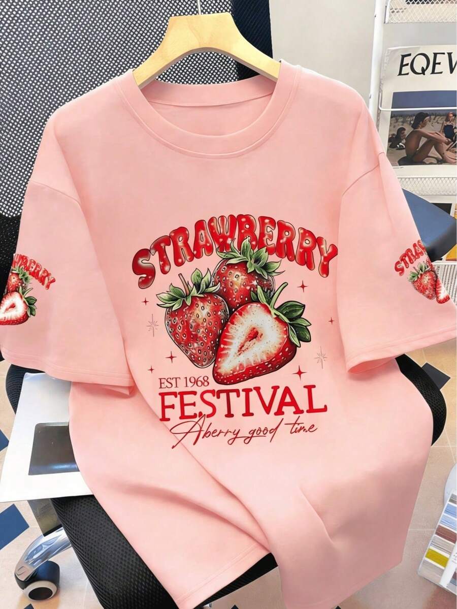 Strawberry Print Round Neck Sh – Embroidery Tshirt Bewertung und Preis